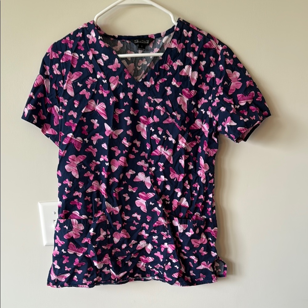 Cherokee Pink and Blue Short Sleeve Scrub Top